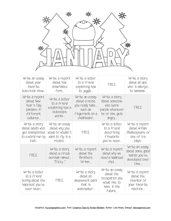 Free Writing Bingo for January | Everyday Snapshots