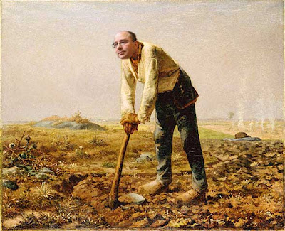 Millet's painting The Man with the Hoe with John Scalzi's head substituted