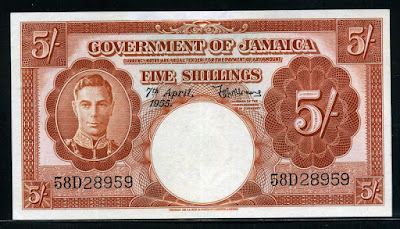 Jamaica banknotes 5 Shillings note money currency, King George VI