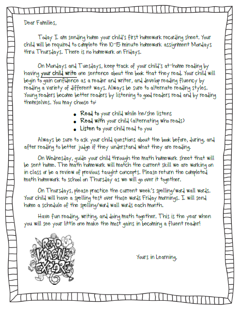 homework letter for first grade