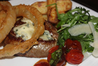 STEAK, CHIPS AND ONION RINGS