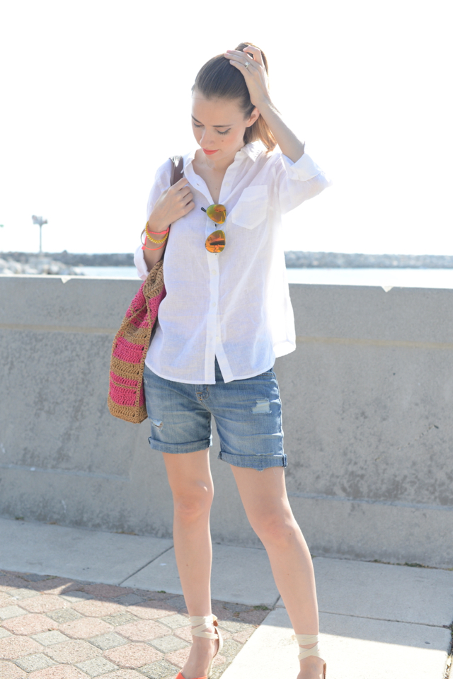 linen button up with jean shorts via M Loves M