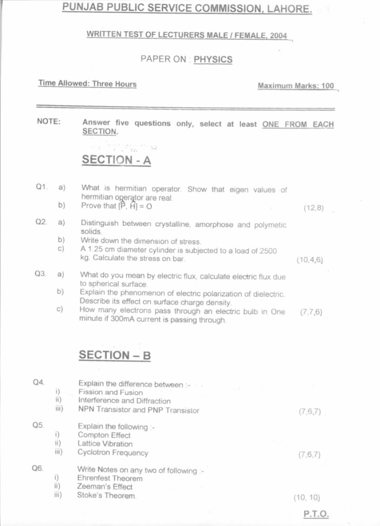 Past Paper Of Lecturer Of Physics Of PPSC