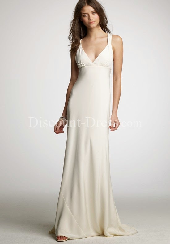 A-Line V-Neck Floor Length Tricotine #Wedding #Dress
