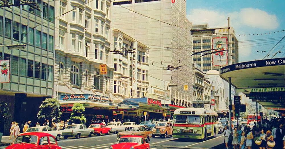 transpress nz traffic in Queen Street, Auckland, circa 1970
