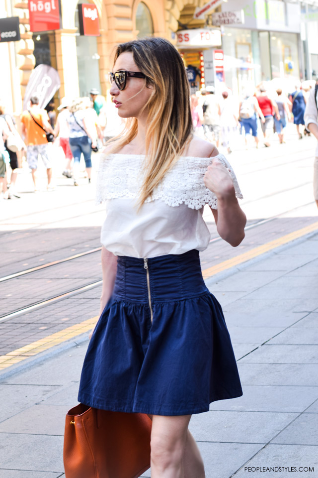 Off shoulder top and jeans mini dress street style in Zagreb, summer fashion, June 2015. What to wear to work in summer