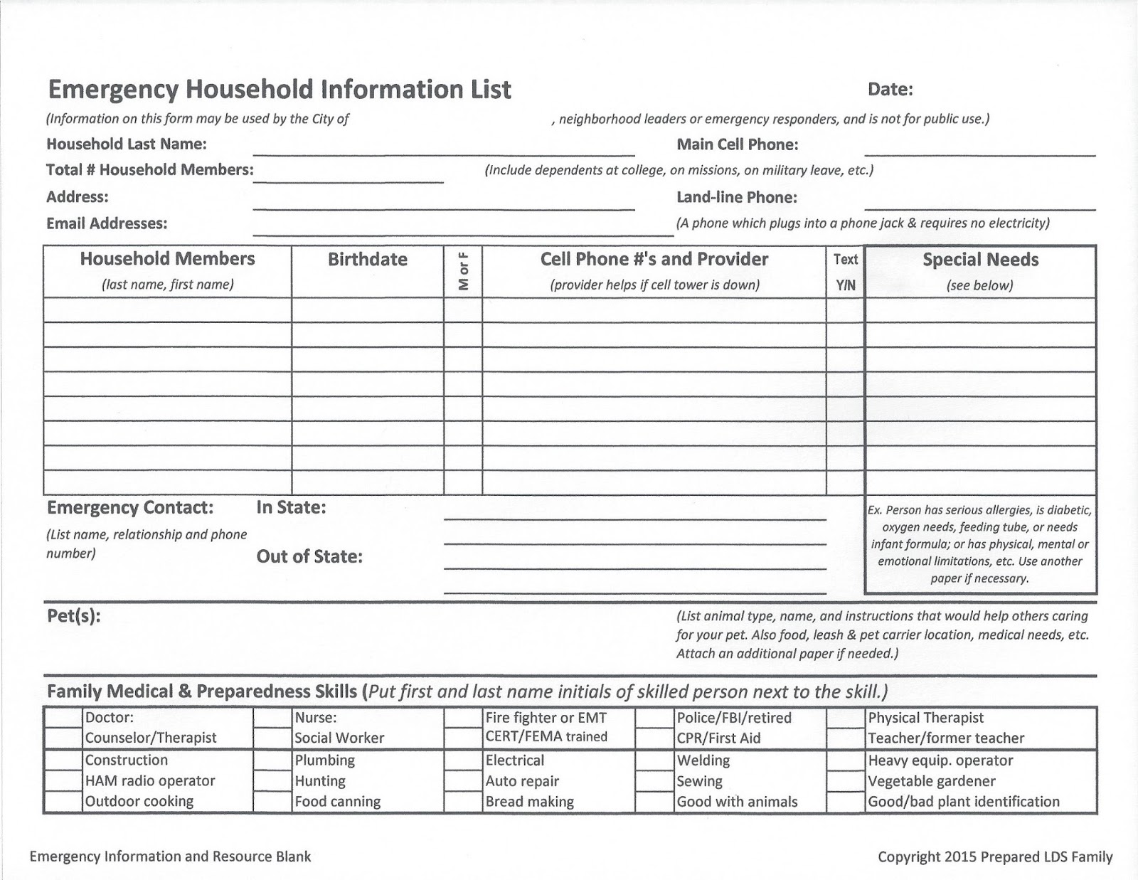 prepared lds family neighborhood or ward emergency information form lds bishops storehouse order form