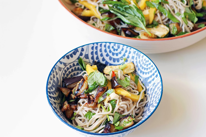 Milk and Honey Soba Noodles with Fried Tofu, Eggplant and Mango