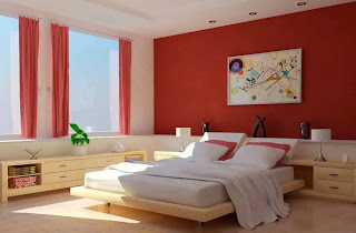 Desain kamar tidur dengan dinding warna merah yang menarik