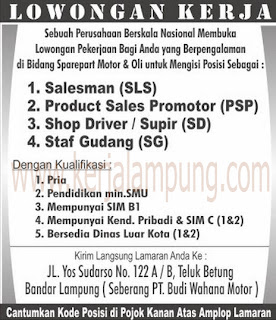 Lowongan Kerja Sparepart Motor Dan Oli Lampung Mei 2013