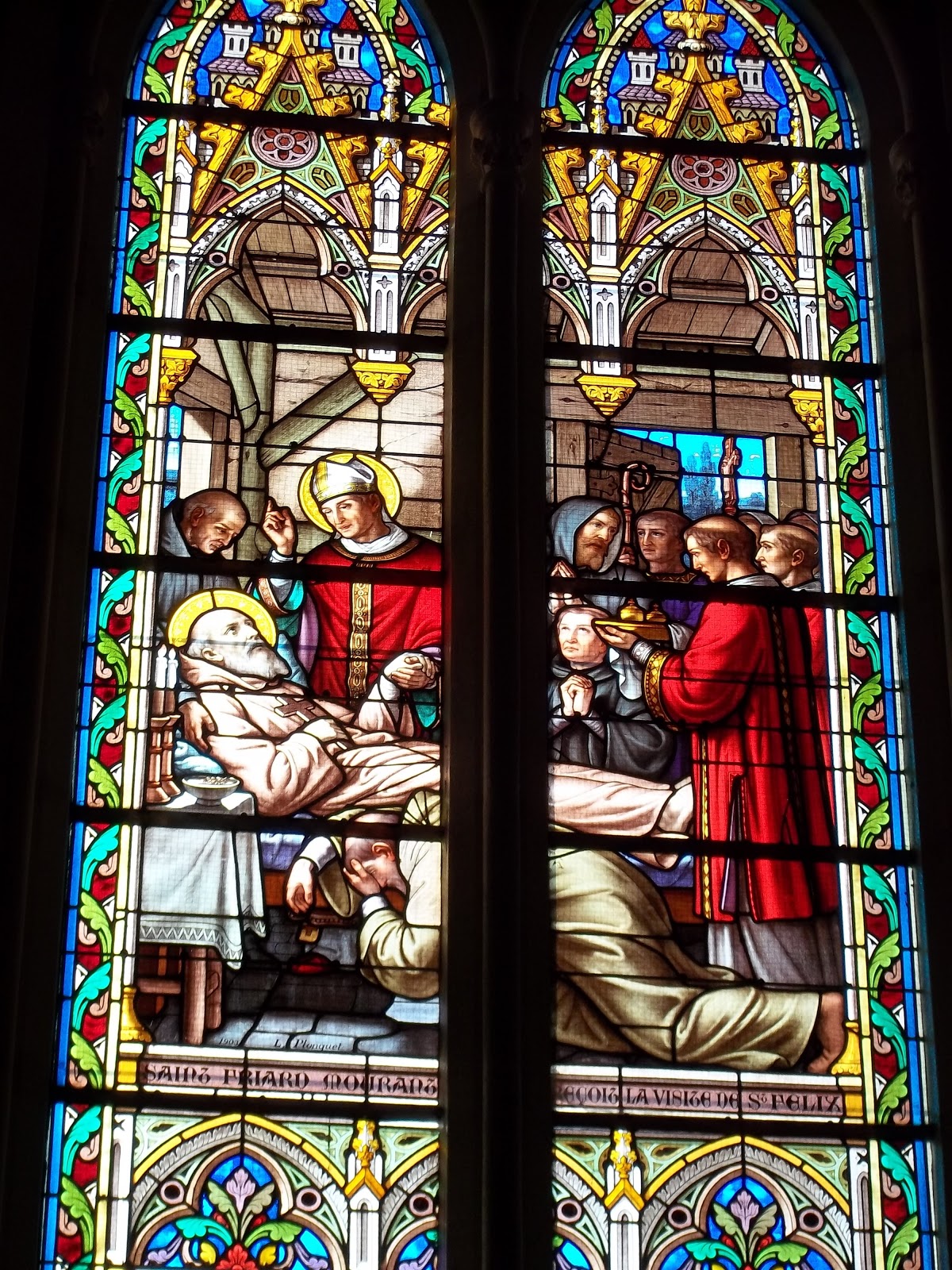 Glassmaleri fra sognekirken Sainte Croix de Montfort: St Friard dør i nærvær av biskop Felix
