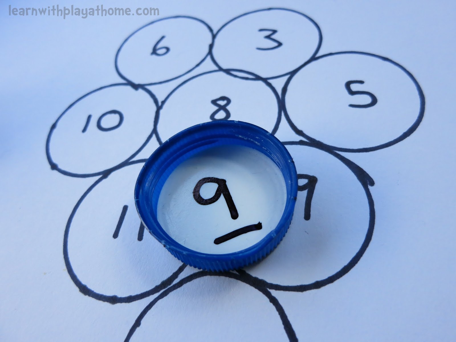 Learn with Play at Home Fun Bottle Top Addition Game. Playful Maths