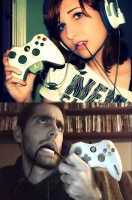 Girl versus guy gamer chewing on video game controller