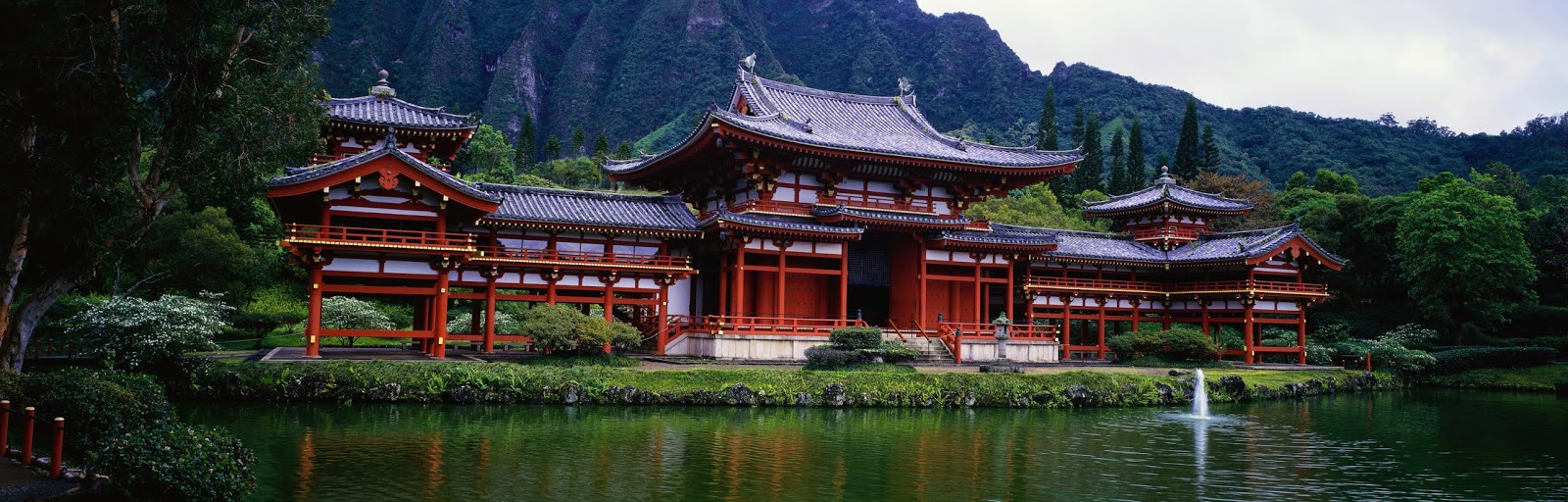 Red temple in the middle of the hill free hd desktop wallpaper