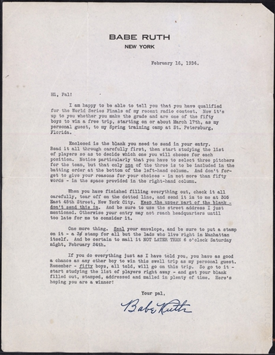 Radio contest letter to a fan from Babe Ruth, 1934
