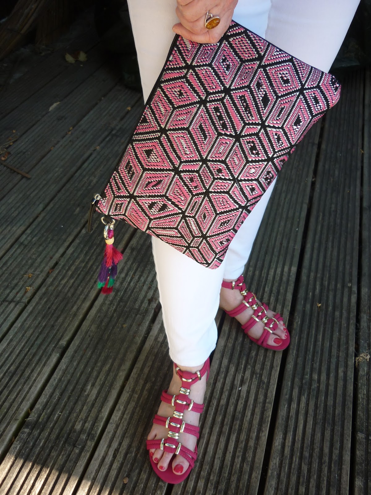 Aztec Clutch Bag & Pink Gladiator Sandals | Petite Silver Vixen