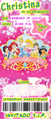 Invitación de Cumpleaños estilo ticket Princesas Disney