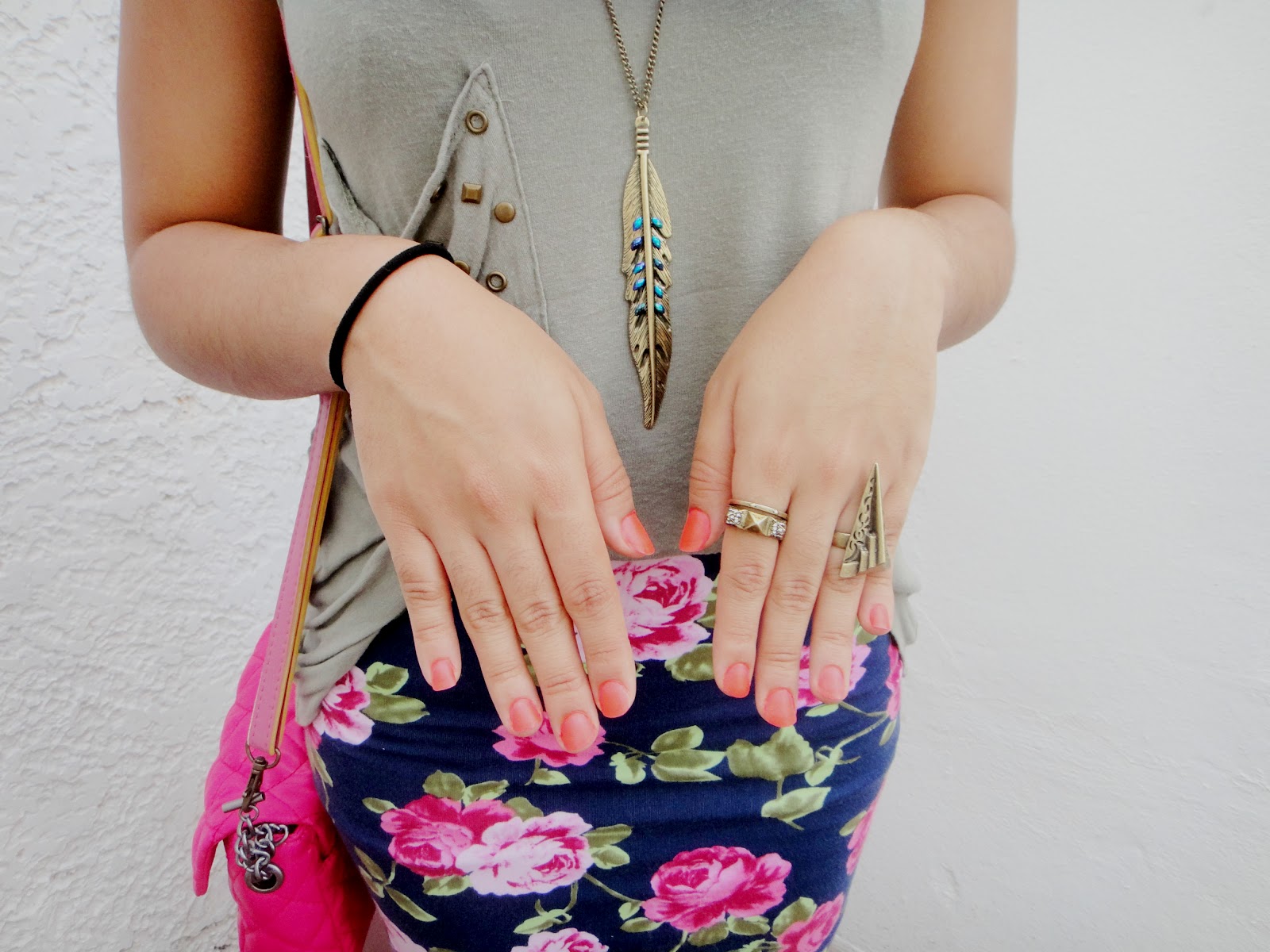 Triangle ring: Forever 21. Stud ring: Burlington. Necklace: icing. Nails: