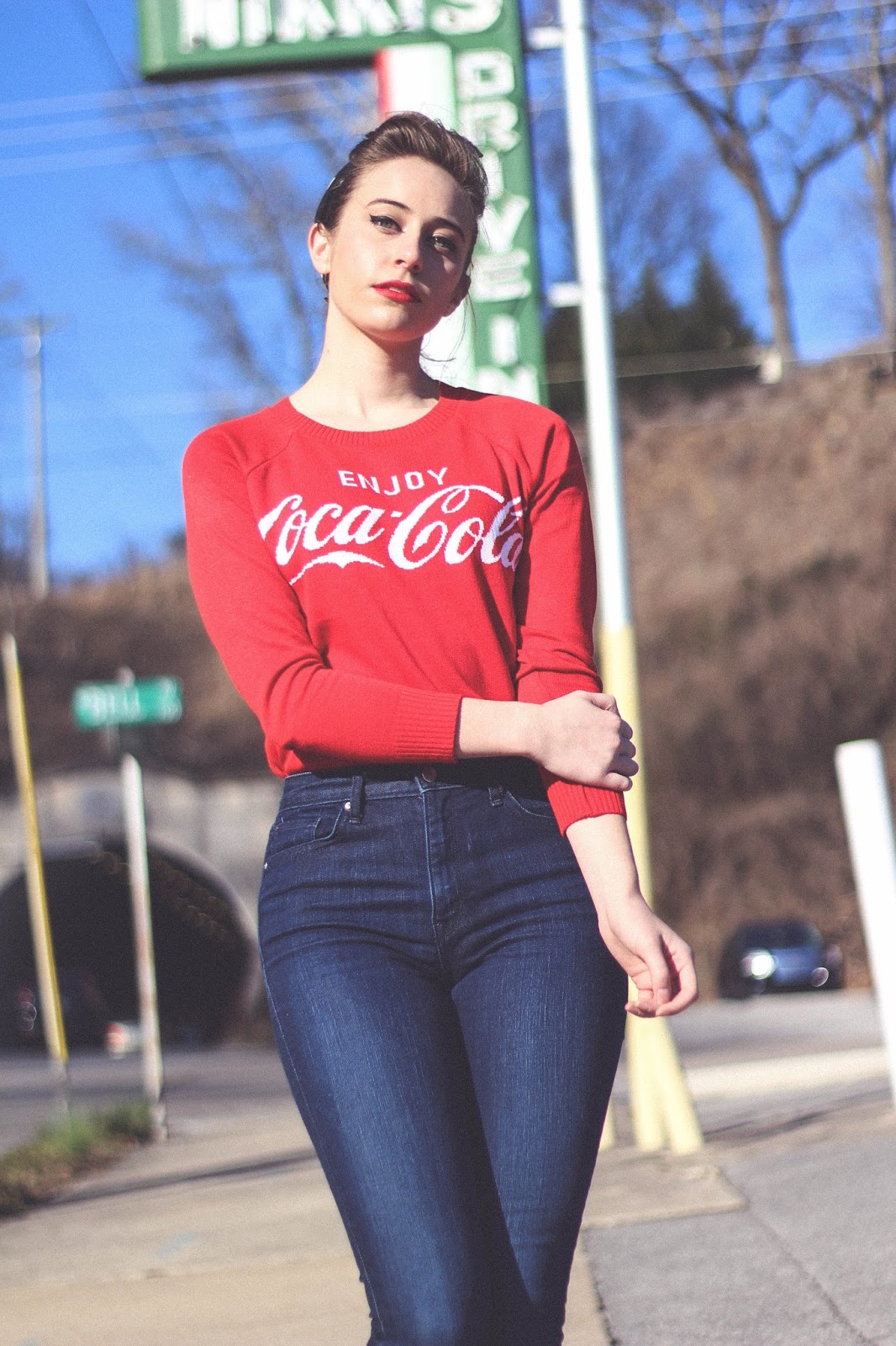 50's style, retro, coca cola, vintage outfit, gap high waist jeans, socks and heel, bandana, 50's style hair, drive in, fashion blogger