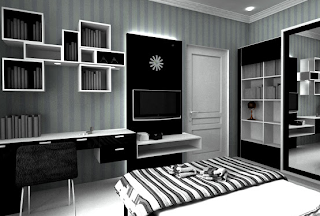 kamar tidur putih hitam, interior rumah sederhana hitam putih, kamar tidur konsep hitam putih