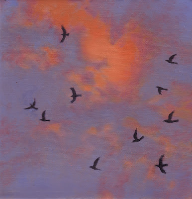 Katherine Kean, Bird by Bird 13, series of small squares, patterns of bird flight, murmuration, aerobatic, swirling cloudscape, drama, modular, red violet blue