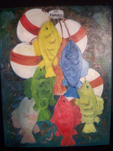 Painting of fish hanging on post