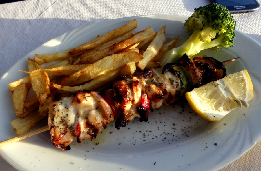 Dinner at Tavernaki in Kassiopi (Corfu, Greece) Grilled Sea Bass, Souvlaki Skewer and Gemista