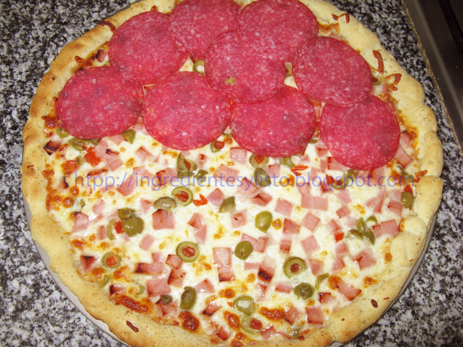 Ingredientes y ¡Listo! Pizza con Jamon, Aceitunas y Salami