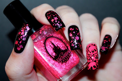 Black and Pink Skulls Nail Art