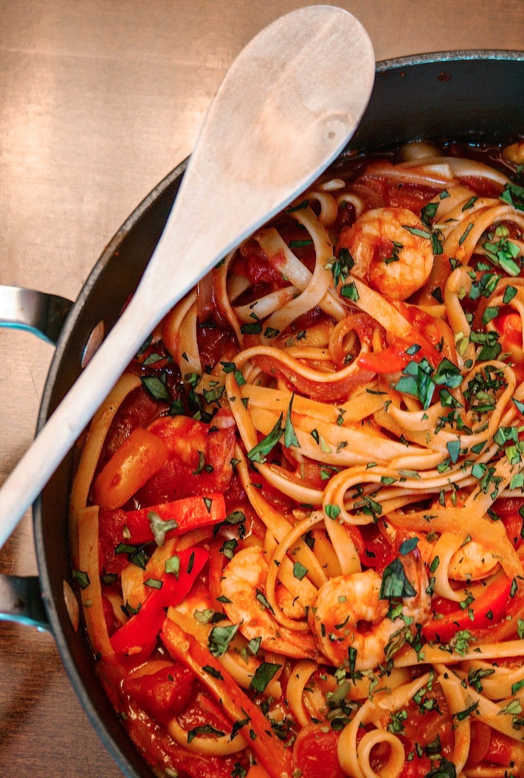 Oregon Transplant Spicy Shrimp and Pepper Pasta