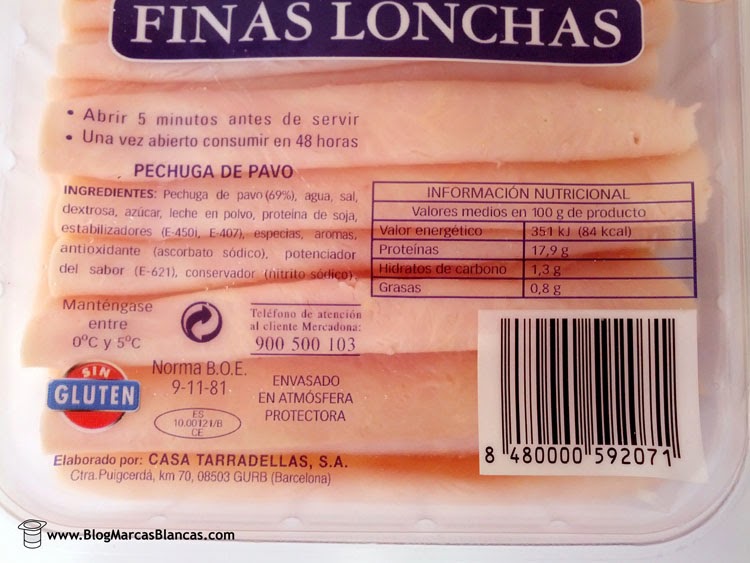 Ingredientes e información nutricional de la pechuga de pavo en finas lonchas Hancendado de Mercadona.