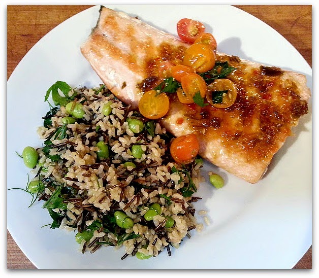 red or green? BBQ Salmon with Hot Pepper Jelly Glaze & Marinated Tomatoes