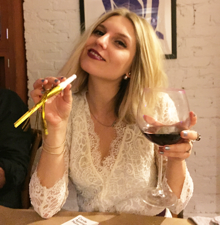 Cheers and happy new year! Zimmermann white lace dress, dark burgundy lipstick