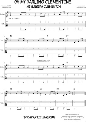 Tubescore Oh My Darling Clementine Tab Sheet Music for Guitar on G Major