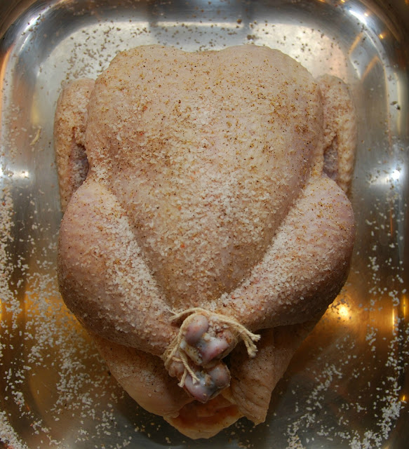 raw chicken with legs tied and seasoning on it in a stainless roasting pan