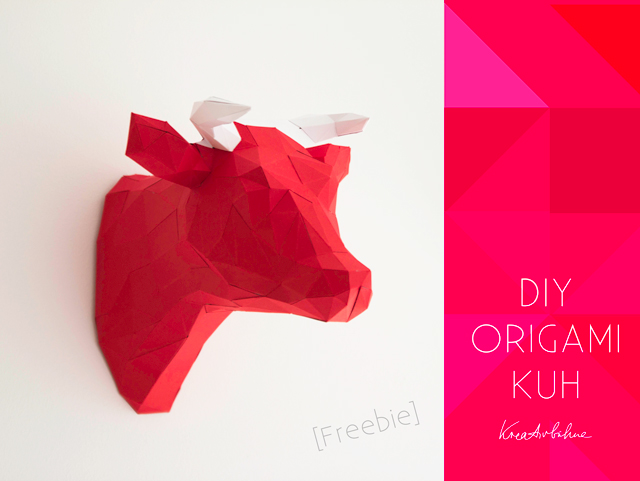 Origami Kuh Kopf Wanddeko Anleitung Origami Cow head trophy wall deco