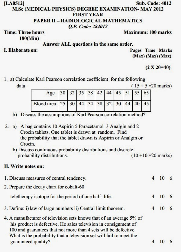 M.Sc Medical Physics, Mangalore University Radiological Mathematics, I