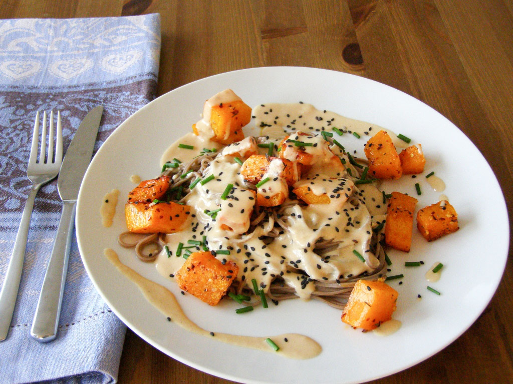 Maple Spice Chilli Roasted Butternut Squash With Soba Noodles And