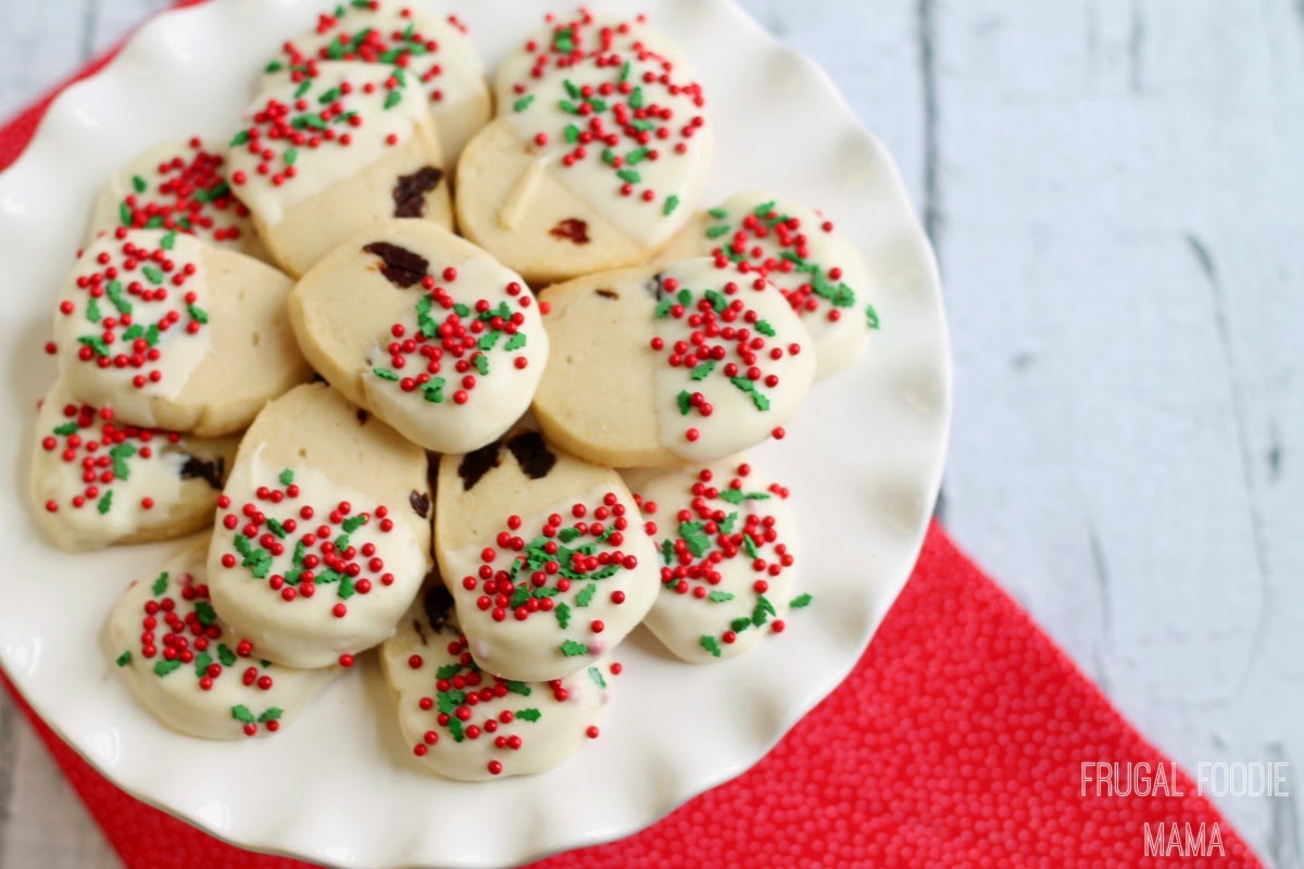 Frugal Foodie Mama White Chocolate Dipped Cherry Shortbread Cookies