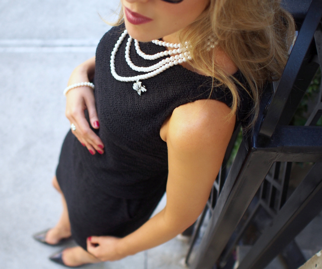 st. john boucle wool flutter dress two-piece connected black dress classic classy texture layered pearl necklace long string wrapped silver white gold diamond crystal vintage brooch prada cat-eye sunglasses metallic accents black pointed toe ralph lauren adena pumps heels mid heel pearl bracelet coco chanel inspiration the classy cubicle fashion blog for young professional women females woman girls 20s 30s 40s appropriate work wear office attire outfits professional corporate suit dos and donts crimes top ten day to night transition interview preppy office style dress for success step up lean in