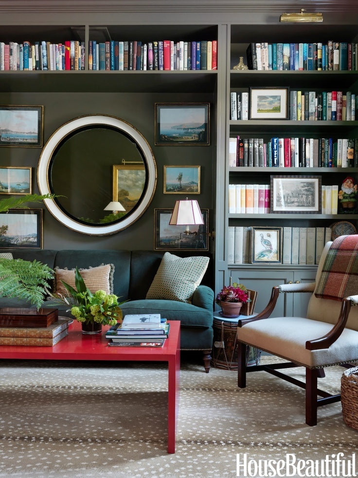 a perfect gray sofa nook in a builtin bookcase