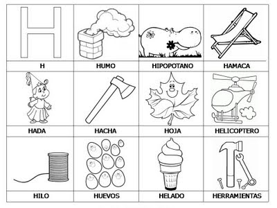 Laminas con dibujos para aprender palabras y colorear con letra: H