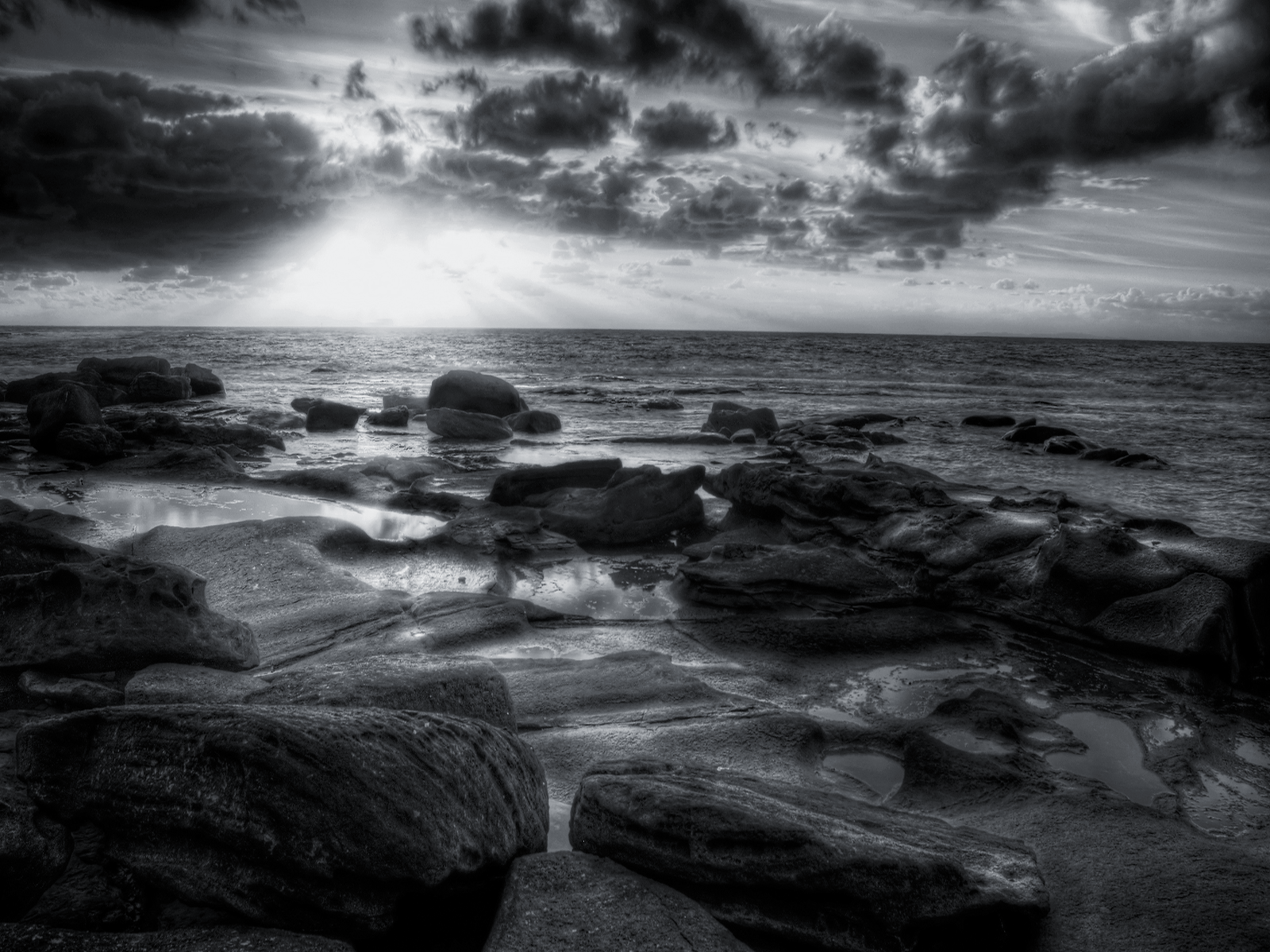 Black and White Sea Rocks Sunset wallpaper “A