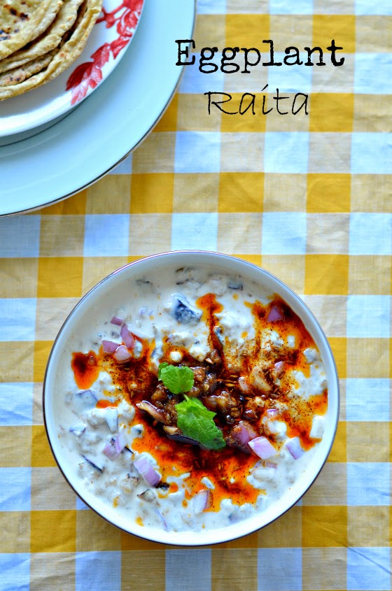 baingan ka raita :: brinjal in curd raita :: eggplant yogurt dip :: aubergine with yoghurt 