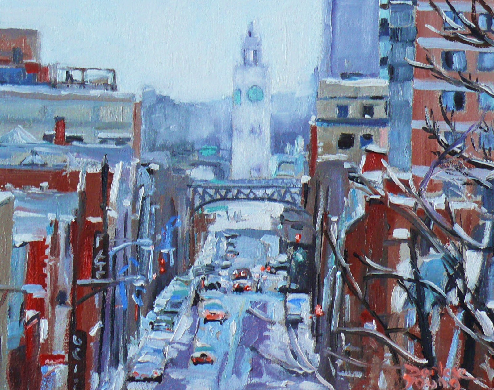 Darlene Young Canadian Artist 590 Montreal Winter Scene Towards The Old Port