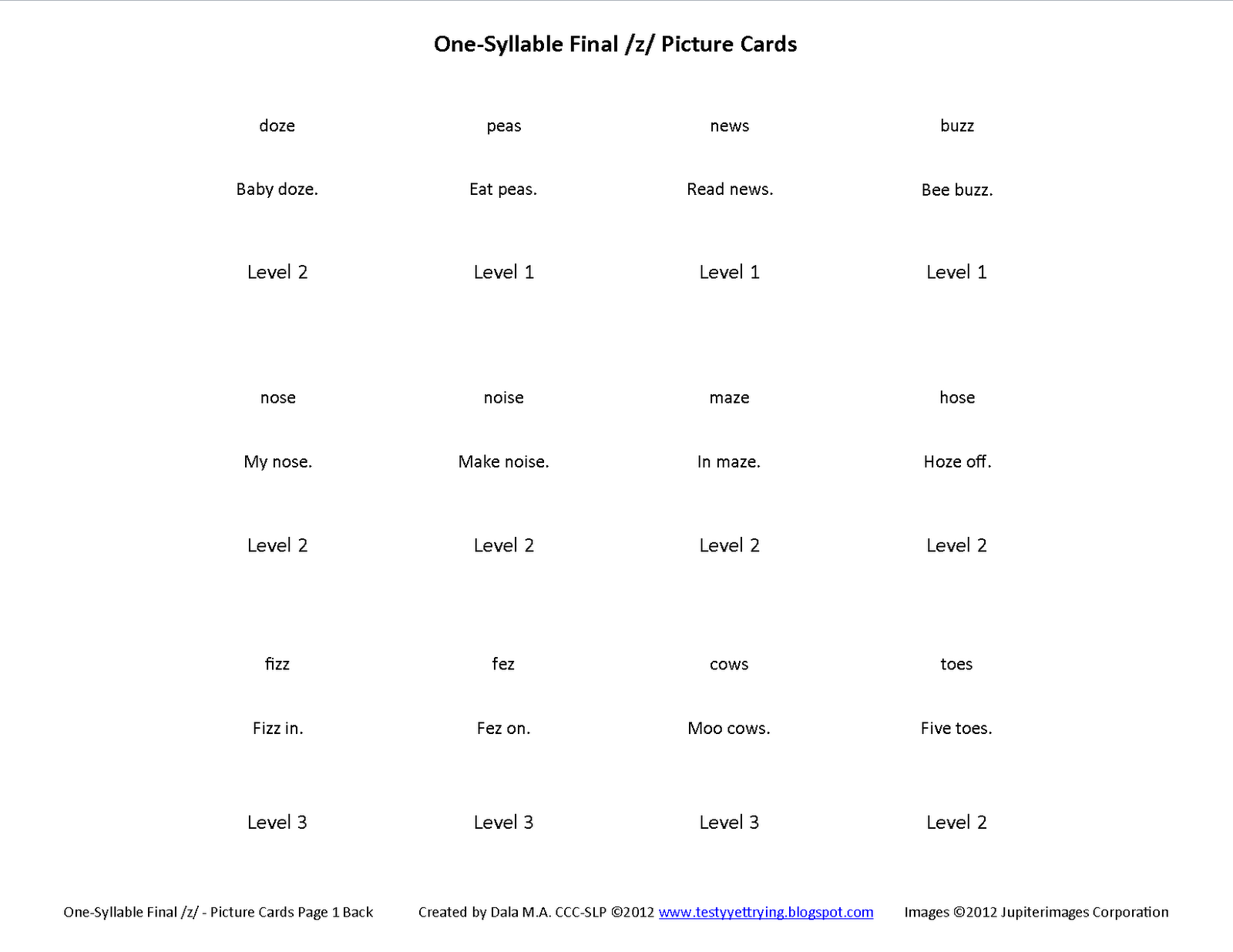 Testy yet trying Final Z Free Speech Therapy Articulation Picture Cards