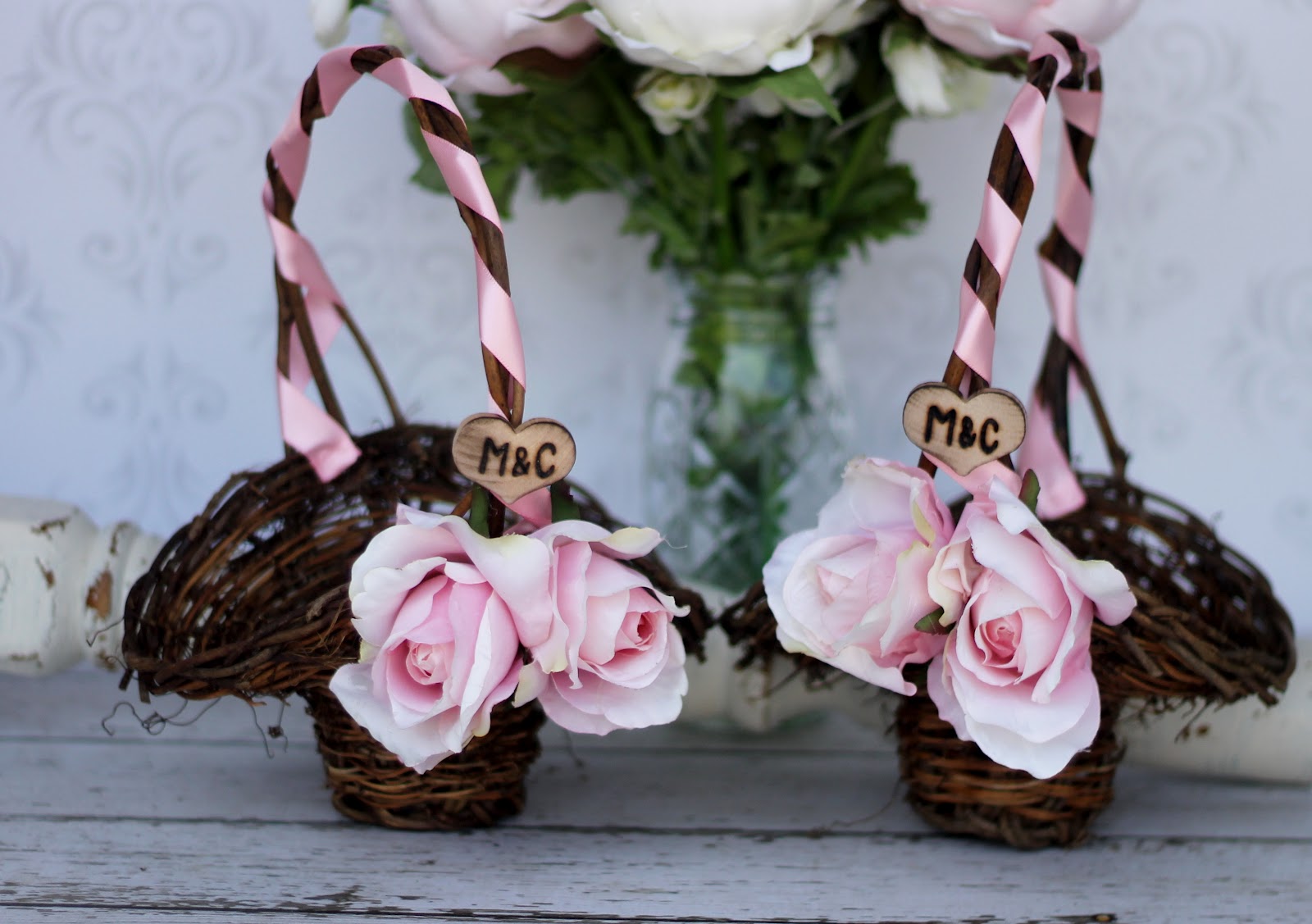 Hill Designs Personalized Wedding Flower Girl Basket With Engraved Wood Heart SET of 2
