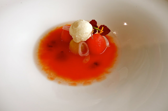 Heirloom tomato and basil salad, mozzarella ice-cream, tomato and lemon thyme tea