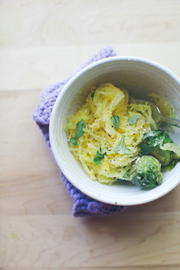 Lemon Parmesan Spaghetti Squash with Pan Seared Brussel Sprouts The Colorful Living Project