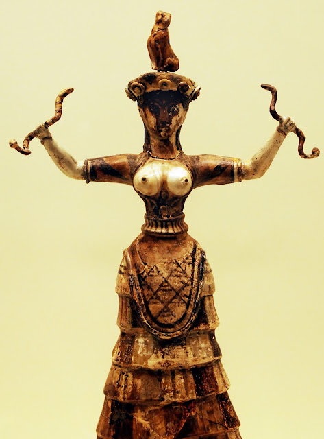 Minoan Snake Goddess or Priestess - from the palace at Knossos in Crete, Minoan Civilization, circa 1600-1500 BCE - at the Ashmolean Museum, Oxfort
